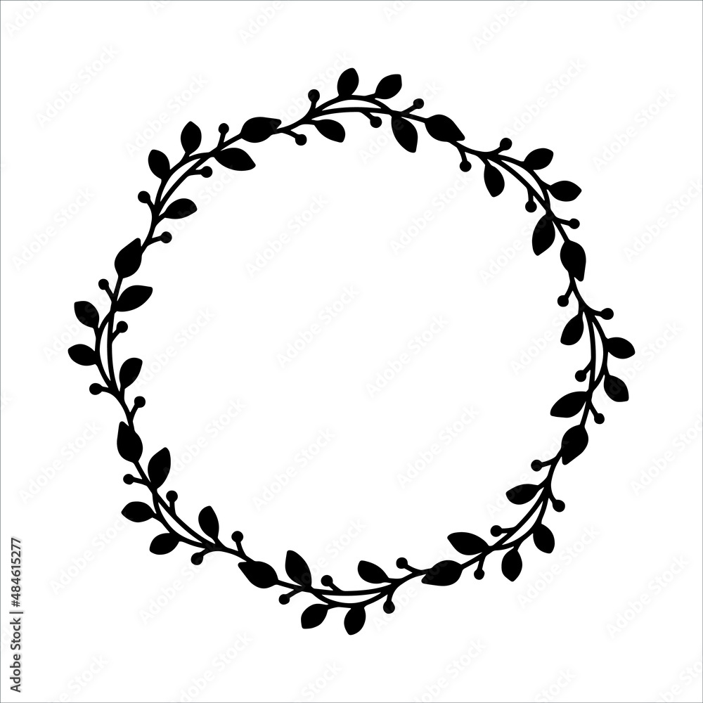 Vector hand drawn spring wreath isolated on white background. Silhouette circle of leaves. Doodle style. Floral frame. Vector hand drawn spring wreath isolated on white background. Silhouette circle of leaves. Doodle style. Floral frame.