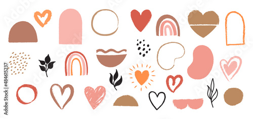 Modern abstract organic shapes. Textured grunge hearts, rainbows, frames. Isolated on a white background.