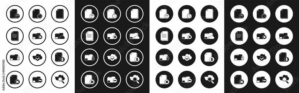 Set Document, Delete folder, file document, Cloud storage text, with clock, Finance and Folder and icon. Vector Set Document, Delete folder, file document, Cloud storage text, with clock, Finance and Folder and icon. Vector
