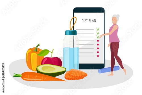 Healthy eating, drinking regime in old age. Elderly woman keeps to diet. Smartphone diet plan. Senior woman wearing sportswear completed items of list. Checklist on screen. Flat Vector illustration.