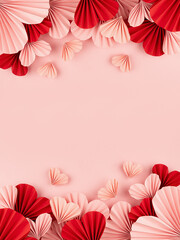 Heap gentle pink and red hearts of chinese paper fans flying on pink color as header, footer border, top view, copy space, vertical. Valentines day background for design, card, text, advertising.