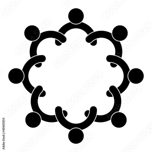 Team of eight people working hand in hand, symbol for business meeting and corporation, black icon isolated on white background