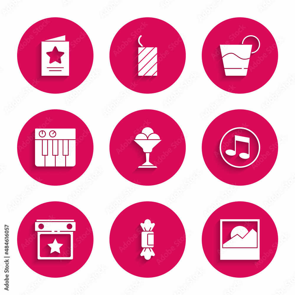 Set Ice cream in bowl, Candy, Photo, Music note, tone, Calendar party, synthesizer, Cocktail and Greeting card icon. Vector Set Ice cream in bowl, Candy, Photo, Music note, tone, Calendar party, synthesizer, Cocktail and Greeting card icon. Vector
