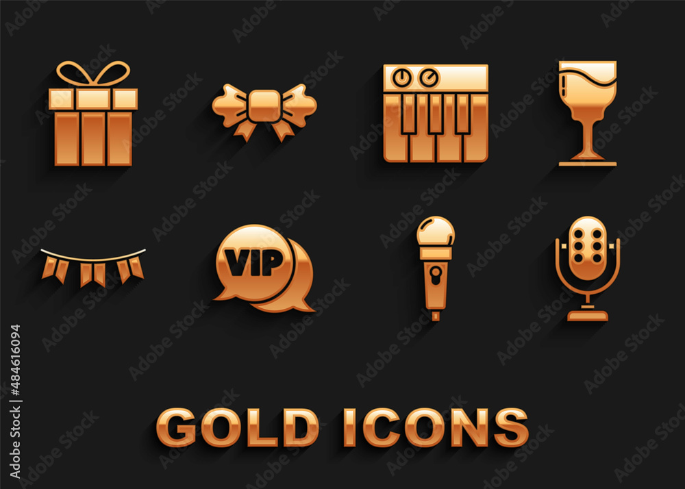 Set Vip in speech bubble, Wine glass, Microphone, Carnival garland with flags, Music synthesizer, Gift box and Bow tie icon. Vector Set Vip in speech bubble, Wine glass, Microphone, Carnival garland with flags, Music synthesizer, Gift box and Bow tie icon. Vector