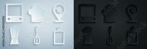Set Kitchen whisk, Chef hat with location, Blender, Cutting board, and Electronic scales icon. Vector