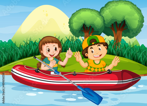 Nature scenery with children in inflatable boat