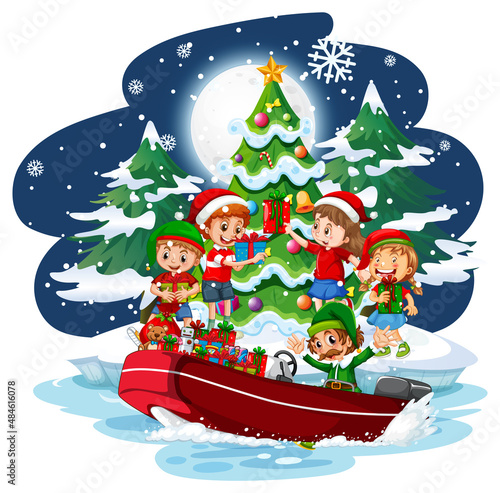 Children in Christmas theme at snowy night