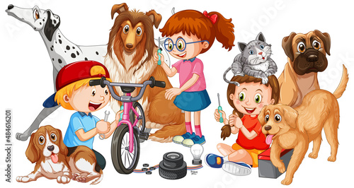 Children playing with their dogs in cartoon style