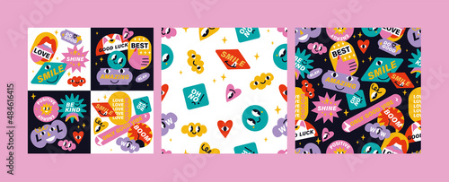 Vector illustration set of positive and funny stickers, pins or patches with motivation phrases. Seamless patterns.