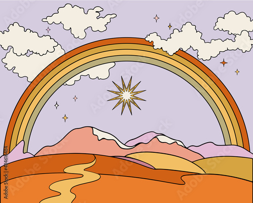 Hippie landscape poster. Clouds, sun and rainbow. Vintage style print