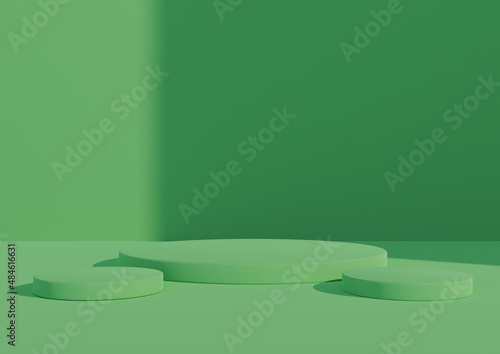 3D rendering of product display with three podiums or stands. Simple, minimal bright green composition with window light coming from right side. Good for cosmetic products 