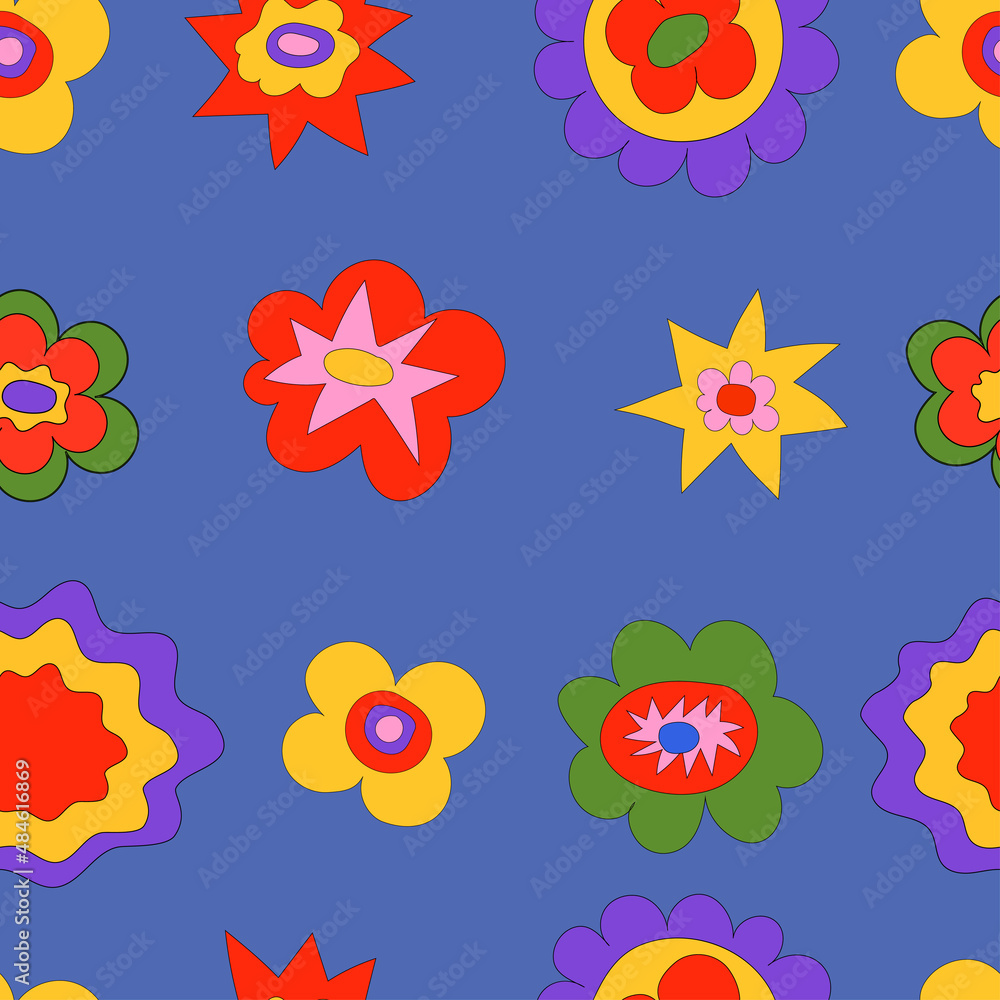Seamless pattern of bright hippie colors. Bizarre psychedelic plants in the style of the 70s and 80s. For packaging, wallpaper, textiles, design, prints. Seamless pattern of bright hippie colors. Bizarre psychedelic plants in the style of the 70s and 80s. For packaging, wallpaper, textiles, design, prints.