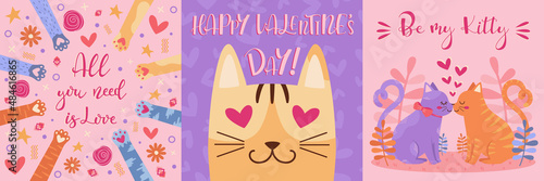 A romantic set of postcards. With love, Valentine’s day, 14 february, cute lovely cat pictures for a gift. Love quotes