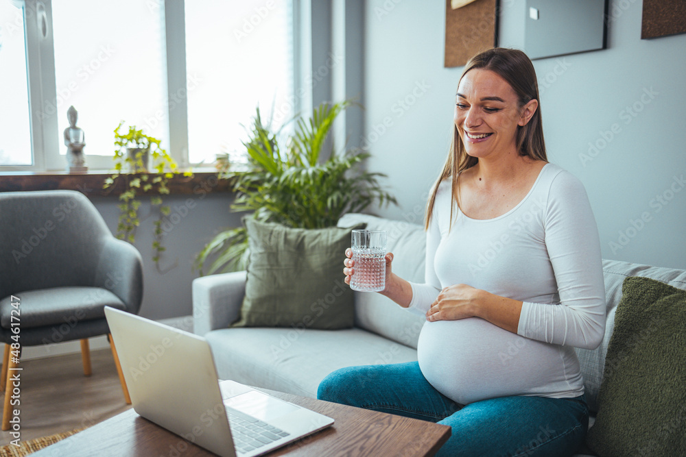 The pregnant woman is happy as she greets her family and friends on her laptop. She holds a glass of water while sitting on the sofa. The concept of a healthy lifestyle. The pregnant woman is happy as she greets her family and friends on her laptop. She holds a glass of water while sitting on the sofa. The concept of a healthy lifestyle.