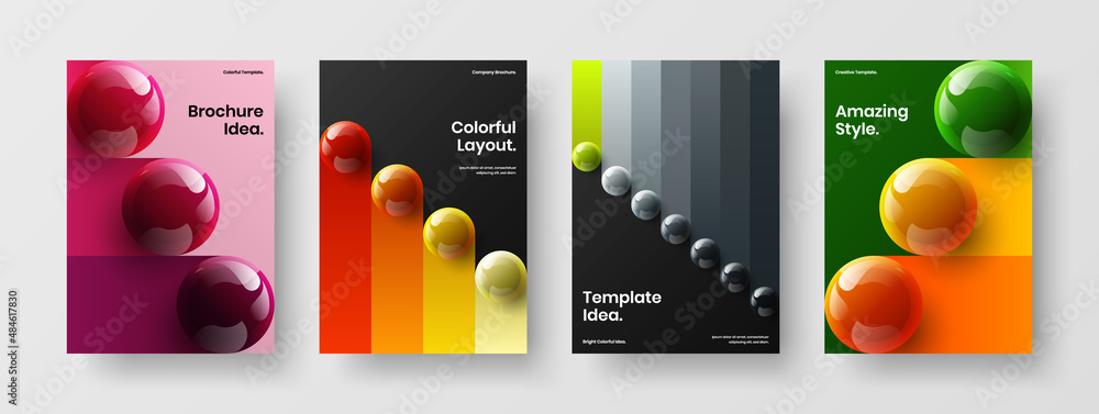 Vivid book cover vector design layout collection. Modern 3D spheres front page illustration set.