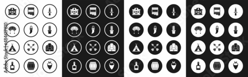 Set Dagger, Tooth, Indian headdress with feathers, Wild west saloon, Cactus peyote in pot, Pan flute, Gold bars and teepee or wigwam icon. Vector