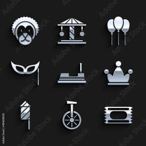 Set Bumper car, Unicycle or one wheel bicycle, Circus ticket, Jester hat with bells, Firework rocket, Festive mask, Balloons ribbon and Wild lion icon. Vector