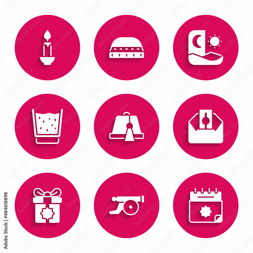 Set Turkish hat, Ramadan cannon, calendar, Donate or pay your zakat, Gift box, Glass with water, fasting and Burning candle icon. Vector Set Turkish hat, Ramadan cannon, calendar, Donate or pay your zakat, Gift box, Glass with water, fasting and Burning candle icon. Vector