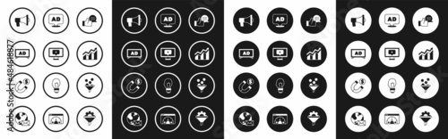 Set Customer product rating, Monitor with star, Advertising, Megaphone, Financial growth increase, Lead management and Magnet money icon. Vector