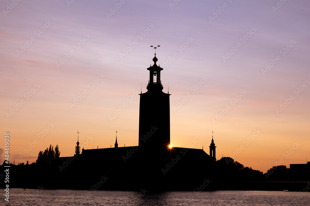 The silhouette of Stockholm city hall on a summer sunset in Sweden