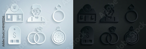 Set Wedding rings, Diamond engagement, Price tag with dollar, Pocket watch, Jeweler man and Jewelry store icon. Vector