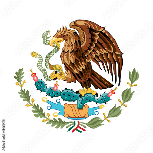 Flag of Mexico detail icon vector isolated on a white background. The coat of arms of Mexico icon vector. Mexican eagle perched on a prickly pear cactus devouring a rattlesnake vector