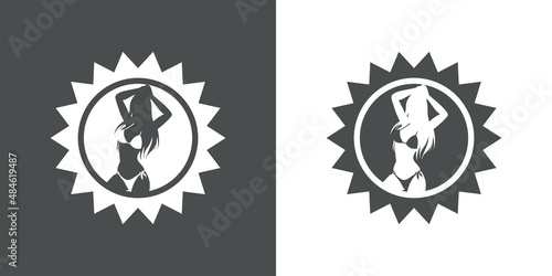 Traje de baño. Moda de verano. Icono plano con silueta de mujer con bikini en espacio negativo en sol en fondo gris y fondo blanco