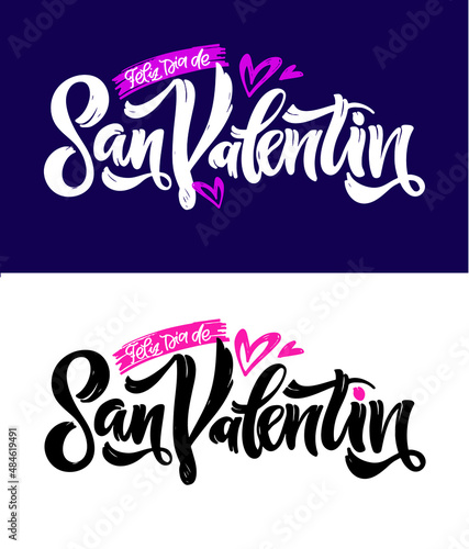Hand sketched Happy Valentines Day text in spanish with hearts. Valentines Day typography. Hand drawn lettering for Valentines Day card template. St. Valentines Day banner, flyer. Romantic lettering