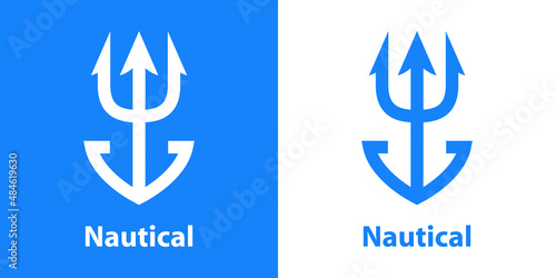 Logotipo con texto Nautical con ancla de barco con forma de tridente con líneas en fondo azul y fondo blanco