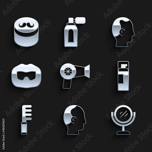 Set Hair dryer, Baldness, Hand mirror, Shaving gel foam, Hairbrush, Mustache beard, and Gel wax for hair styling icon. Vector