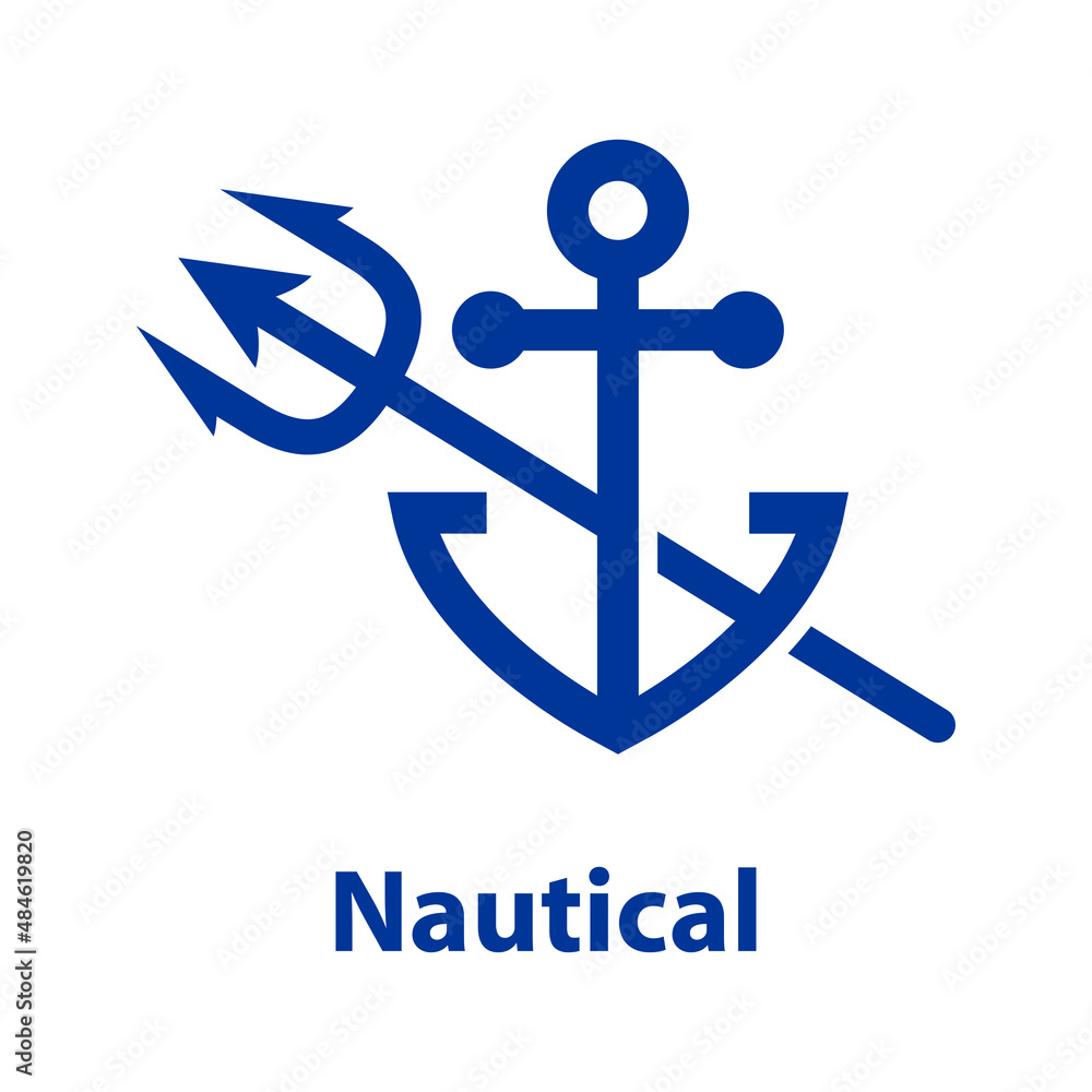 Logotipo con texto Nautical con tridente sobre ancla de barco con líneas en color azul Logotipo con texto Nautical con tridente sobre ancla de barco con líneas en color azul