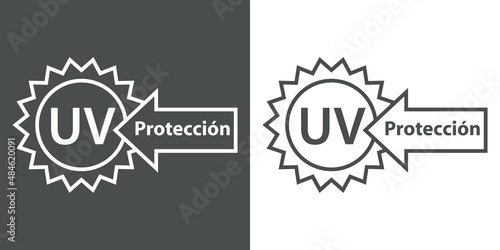 Concepto vacaciones de verano. Crema solar. Logotipo lineal con silueta de sol con texto UV Protección en español en flecha en fondo gris y fondo blanco