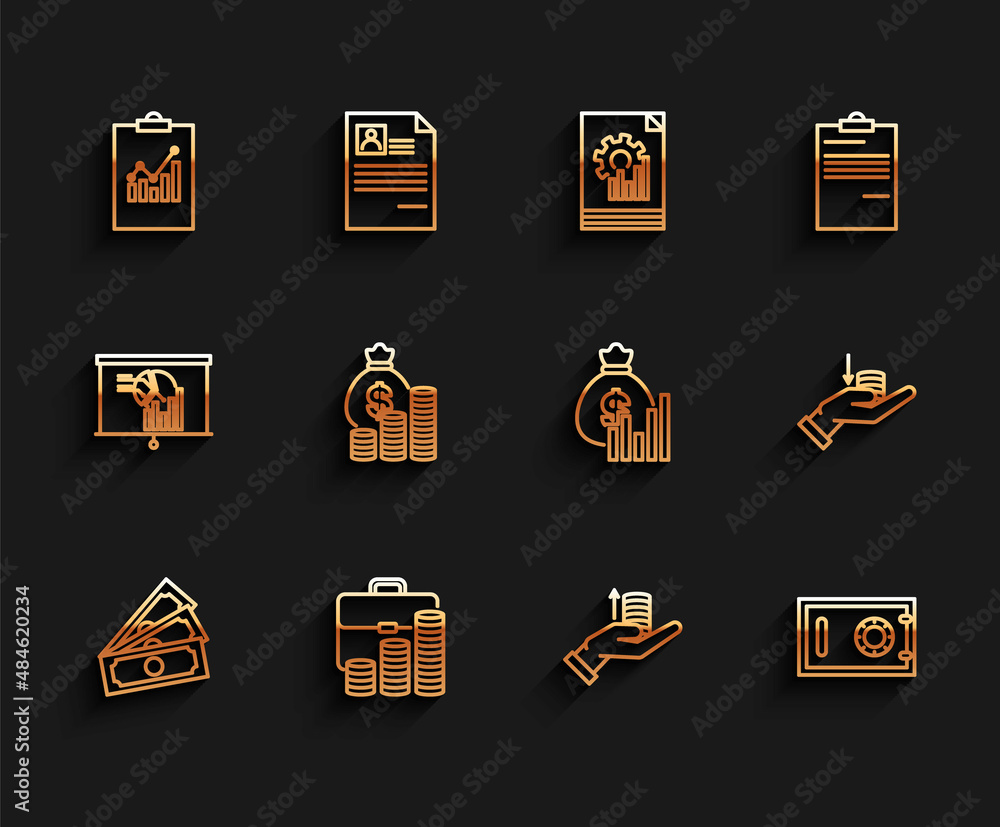 Set line Stacks paper money cash, Briefcase and coin, Clipboard with graph chart, Money hand, Safe, bag, and diagram icon. Vector Set line Stacks paper money cash, Briefcase and coin, Clipboard with graph chart, Money hand, Safe, bag, and diagram icon. Vector