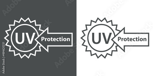 Concepto vacaciones de verano. Crema solar. Logotipo lineal con silueta de sol con texto UV Protection en flecha en fondo gris y fondo blanco