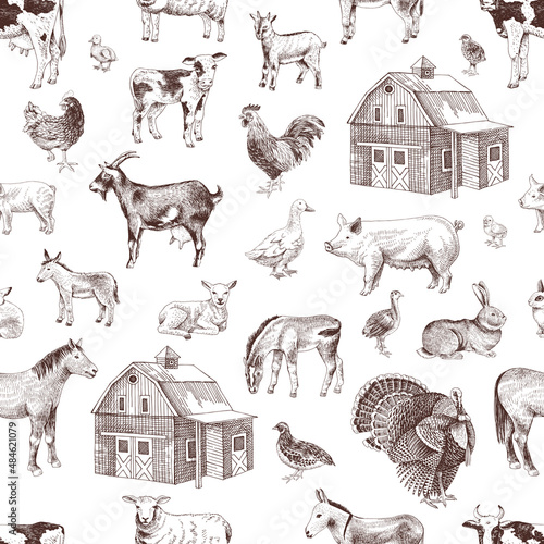 Seamless pattern with cute hand drawn farm animals