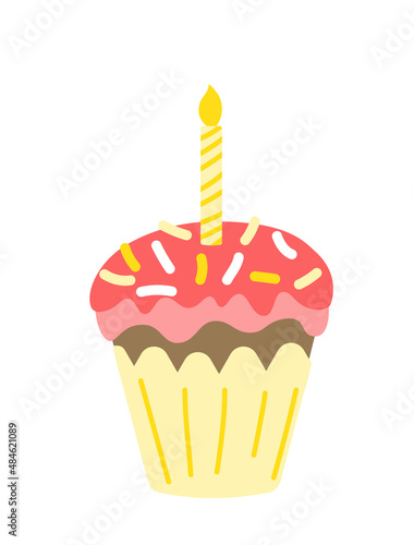 Easter cake with pink glaze, sprinkle, candle. Colorful cupcake. Flat. Isolated
