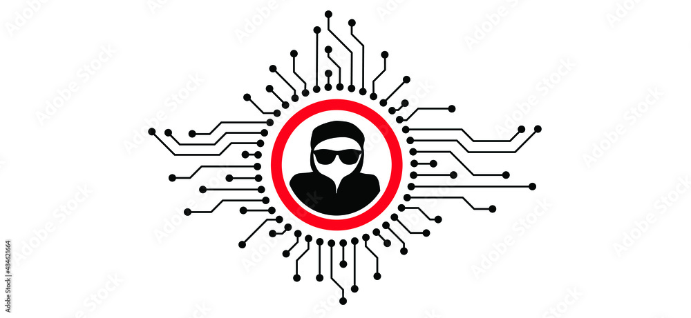 Obraz premium Computer crime. Hacker using computers, for stealing data. Online ransomware or malware to steal personal data from computer. Cyber security. Vector balaclava sign. Flat vector sign.