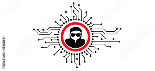 Computer crime. Hacker using computers  for stealing data. Online ransomware or malware to steal personal data from computer. Cyber security. Vector balaclava sign. Flat vector sign.