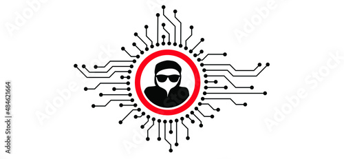 Computer crime. Hacker using computers, for stealing data. Online ransomware or malware to steal personal data from computer. Cyber security. Vector balaclava sign. Flat vector sign.