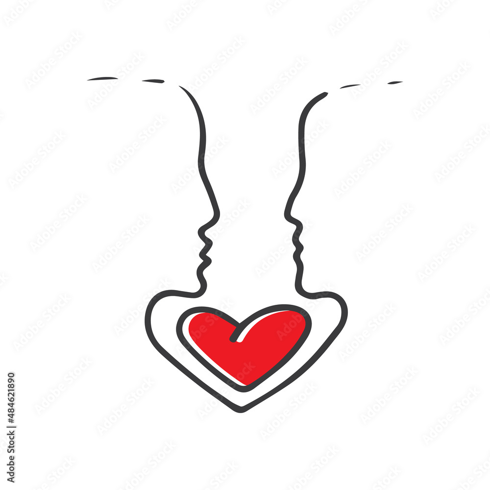 Two hand-painted profiles with a red heart between them a symbol of love. can be used for printing on a blouse. Two hand-painted profiles with a red heart between them a symbol of love. can be used for printing on a blouse.