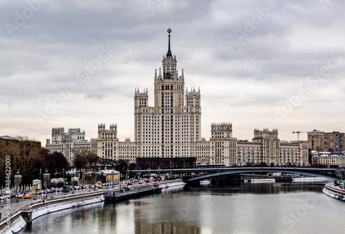 Moscow, Russia - December 16 2021: Stalin`s empire style living house building on Kotelnicheskaya embankment in Moscow.