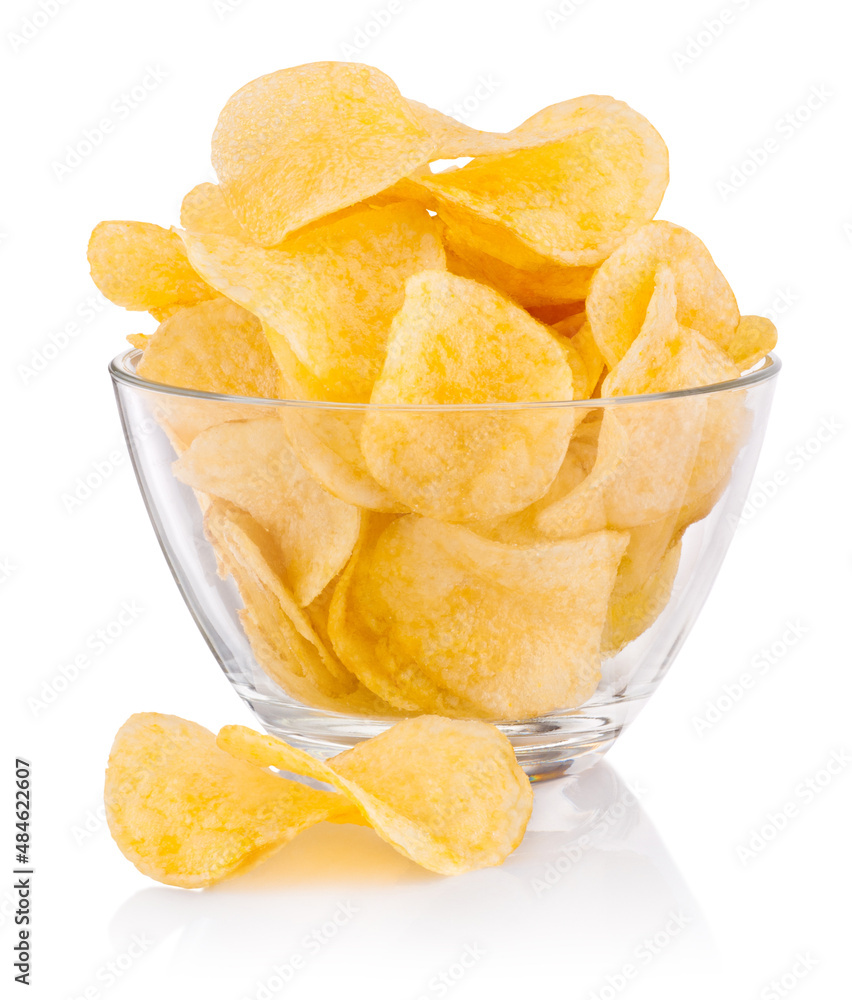 Potato chips in glass bowl isolated on white background Potato chips in glass bowl isolated on white background