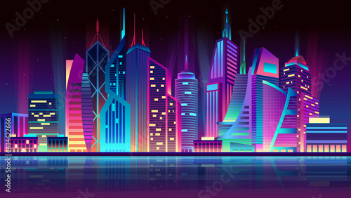 Futuristic night city illuminated by neon lights. Modern buildings and skyscrapers. Vector illustration.