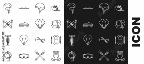 Set line Parachute, Rafting boat, Gloves, Helmet, Snowmobile, Ski and sticks, Bicycle helmet and icon. Vector