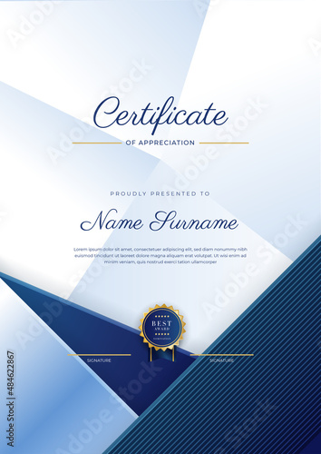 Blue and gold certificate of achievement border template with luxury badge and modern line pattern. For award, business, and education needs