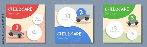 Daycare service modern social media post, banner set, childcare business advertisement concept, kids learning toys marketing square ad, abstract print, isolated on background.