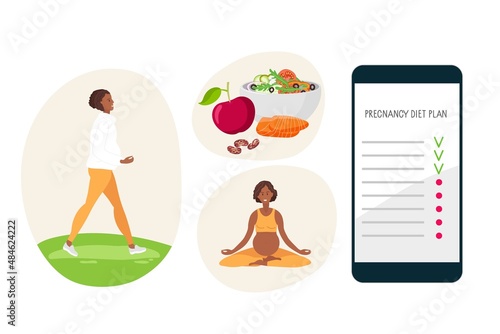 Pregnancy Diet Plan. Healthy lifestyle during pregnancy. Pregnant woman keeps to diet, engaged in yoga and hiking. Smartphone diet plan. Smartphone interface with list. Flat Vector illustration.