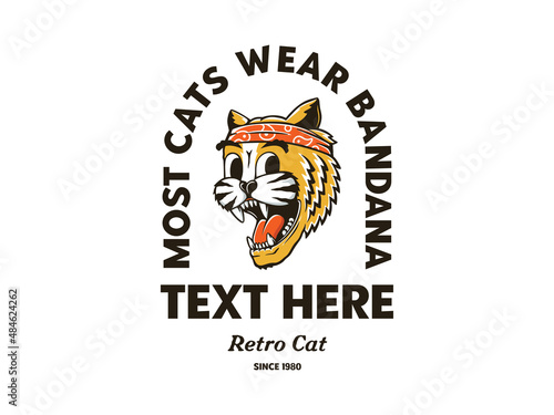 Retro cat wearing bandana badge logo template