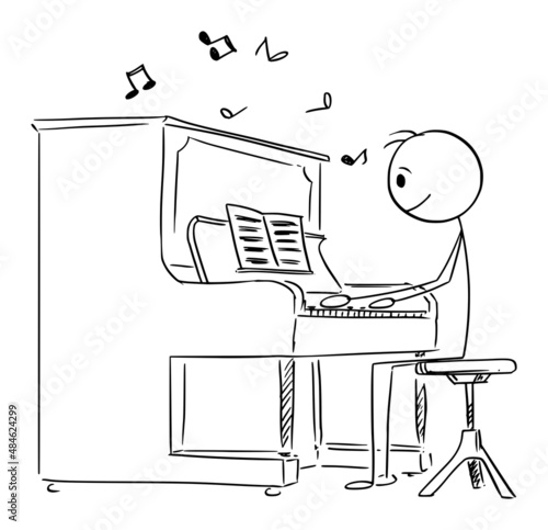 Pianist, Musician or Person Playing Piano Music , Vector Cartoon Stick Figure Illustration