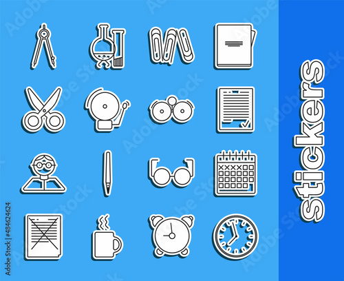 Set line Clock, Calendar, Exam sheet with check mark, Paper clip, Ringing alarm bell, Scissors, Drawing compass and icon. Vector